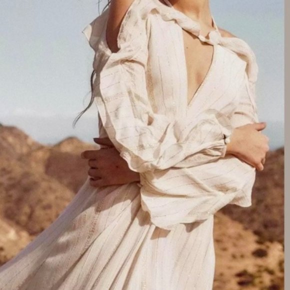 Free People Huxley Maxi Dress Ruffle Cutout Open Back Metallic Stripe Size Small - Picture 2 of 16